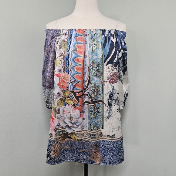 Chico's Floral Botanical Scarf Inspired Off The Shoulder Top XL 3/4 Sleeve Sz 16 - Picture 5 of 12